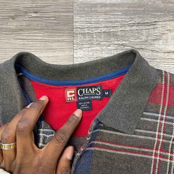Vintage 90s Chaps Ralph Lauren Gray Tartan Plaid Mens Medium Long Sleeve‎ Polo - Picture 3 of 7